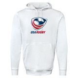 The USA Rugby 60/40 Pullover Hoodie by WRS Augusta is a white fleece hooded sweatshirt featuring the USA Rugby logo with a red and blue eagle design, ideal for dedicated fans.