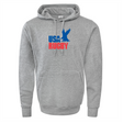 The WRS Augusta USA Rugby Throwback 60/40 Pullover Hoodie displays "USA RUGBY" in bold blue and red on the chest, with a blue eagle silhouette above the pouch pocket, making it essential for Eagles fans.