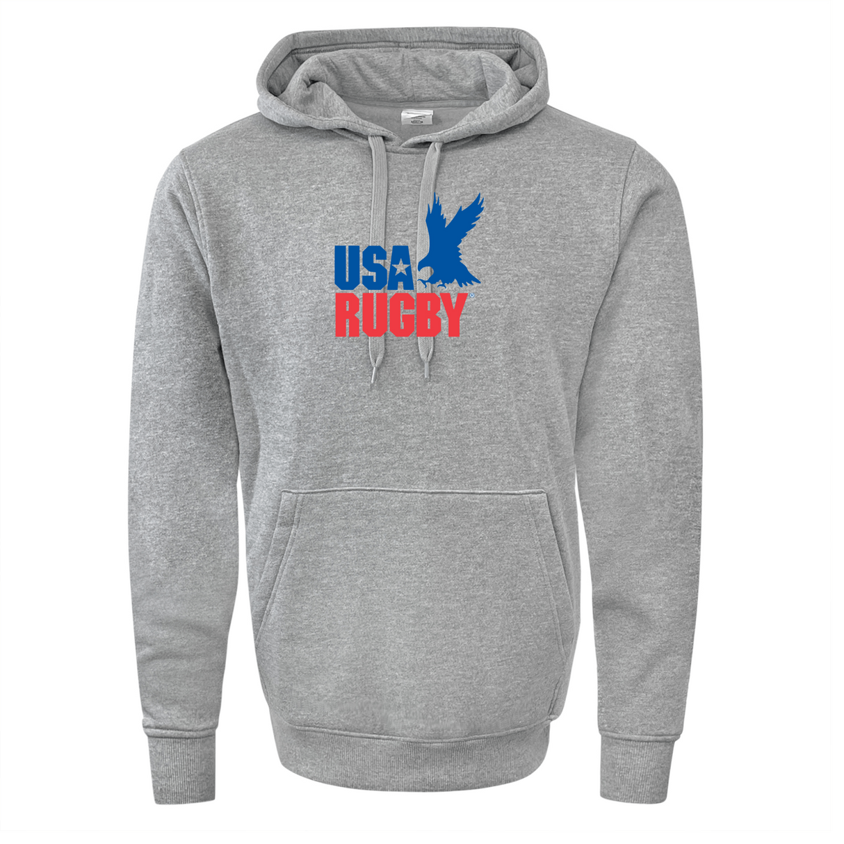 The WRS Augusta USA Rugby Throwback 60/40 Pullover Hoodie displays "USA RUGBY" in bold blue and red on the chest, with a blue eagle silhouette above the pouch pocket, making it essential for Eagles fans.