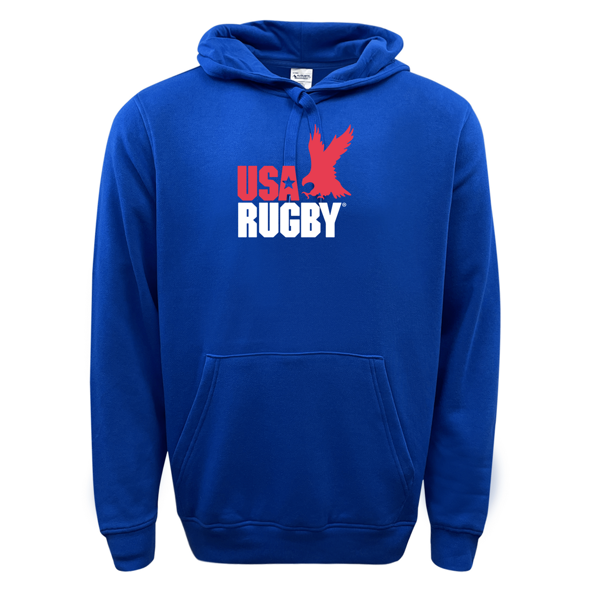 The WRS Augusta USA Rugby Throwback 60/40 Pullover Hoodie, in blue, showcases "USA RUGBY" and an eagle graphic in red and white on the front—perfect for Eagles fans.