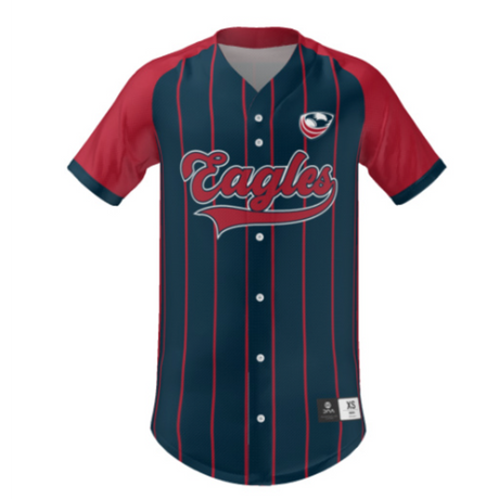 The USA Rugby Pro Baseball Jersey by Teamatical is a red and blue pinstriped jersey with red sleeves, featuring "Eagles" on the front, crafted for comfort with moisture management technology.