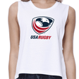 A person wearing a Women's USA Rugby Muscle Crop Tank by WRS Alpha Broder, featuring an eagle and rugby ball logo.