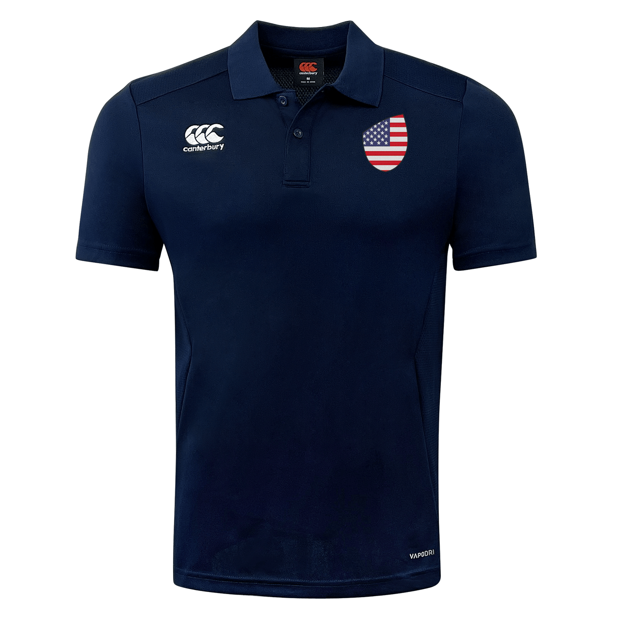 Navy blue EMB Canterbury Dry Polo shirt featuring a United States Shield Club flag on the right chest and the Canterbury logo on the left chest.