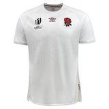 The England RWC 23 Home Jersey by Umbro is white with a red rose on it.