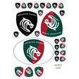 Various waterproof stickers of the Leicester Tigers rugby team, showcasing evolution in design with variations in color and orientation, including inverted versions and circular badges from the World Rugby Shop Leicester Tigers Sticker Sheet - 26 Stickers.