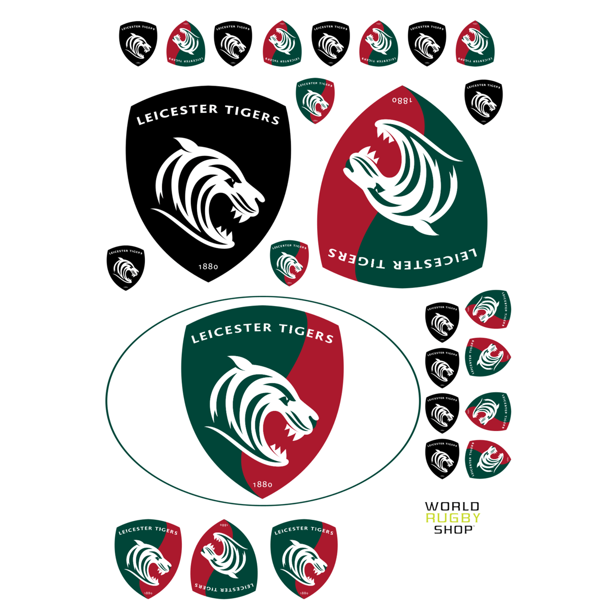 Various waterproof stickers of the Leicester Tigers rugby team, showcasing evolution in design with variations in color and orientation, including inverted versions and circular badges from the World Rugby Shop Leicester Tigers Sticker Sheet - 26 Stickers.