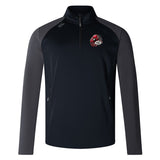 The Vienna Rugby Elite 1/4 Zip Top by EMB Canterbury in black and gray showcases a striking red and white dragon logo on the front left side. Designed using lower impact materials, this pullover offers superior performance and comfort, allowing you to remain stylish while being eco-conscious.