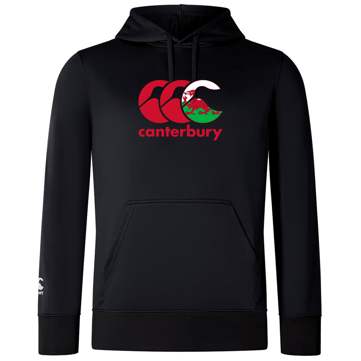 The Canterbury Wales CCC Club Lightweight Hoodie by WRS Canterbury is a polyester hoodie in black featuring the iconic "Canterbury" logo in red and a striking Welsh dragon design on the front, ensuring comfort and durability.