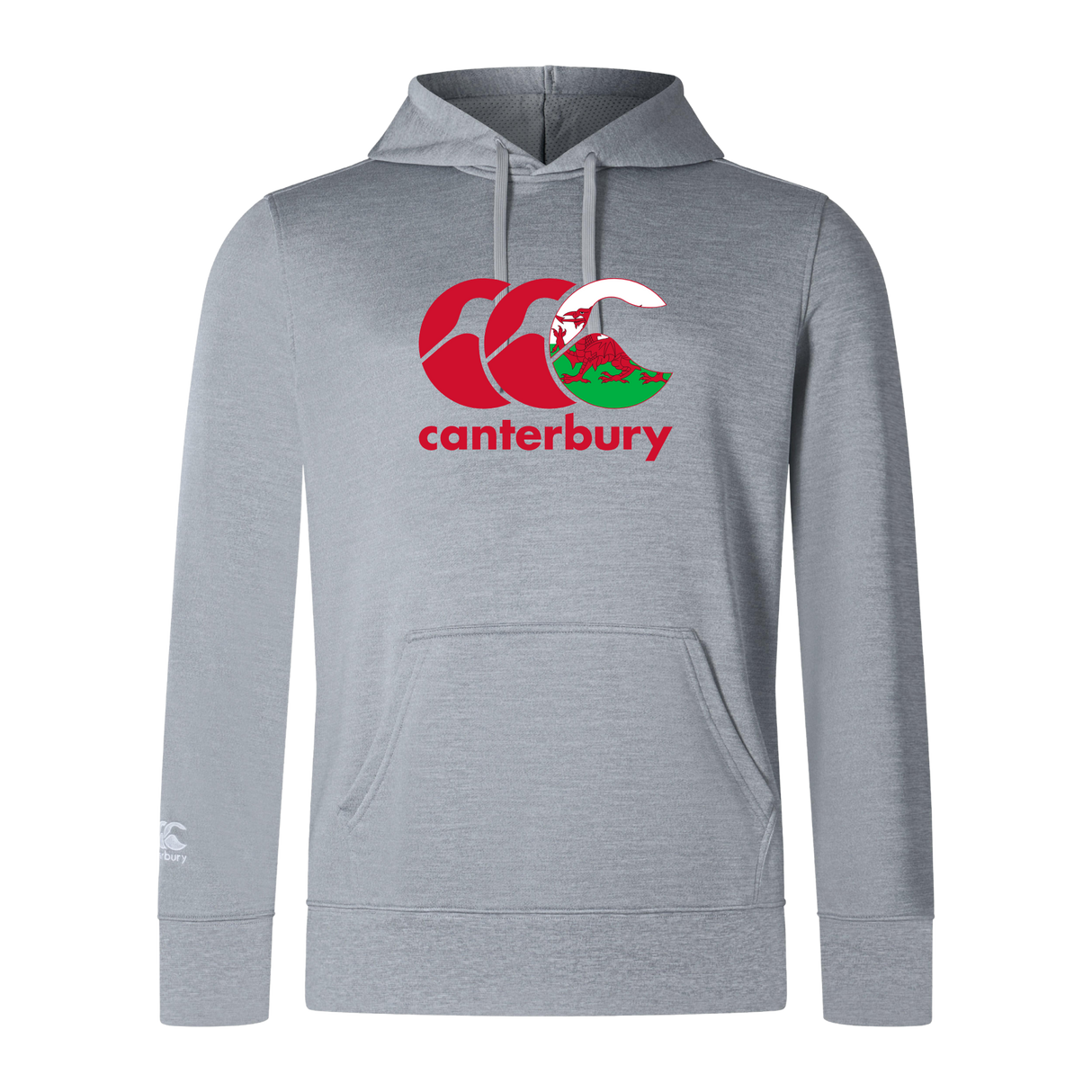 The WRS Canterbury Wales CCC Club Lightweight Hoodie is a gray polyester hoodie with a front logo in red and green, featuring a kangaroo and New Zealand mountain scene. This comfortable hoodie is perfect for any adventure.