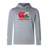 The WRS Canterbury Wales CCC Club Lightweight Hoodie is a gray polyester hoodie with a front logo in red and green, featuring a kangaroo and New Zealand mountain scene. This comfortable hoodie is perfect for any adventure.