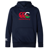 The WRS Canterbury Wales CCC Club Lightweight Hoodie is a navy blue, soft polyester design featuring a striking red and white logo on the chest, plus a small logo on the left sleeve.