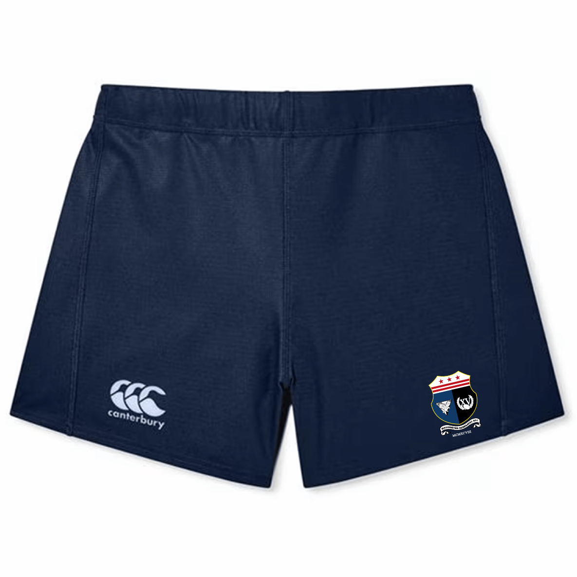 The Washington Renegades Women's Yokohama Short by Canterbury, in navy blue, is made from advanced Vapodri fabric for boosted performance. It showcases the Canterbury logo on the left thigh and a club crest on the right thigh, making it ideal for female rugby enthusiasts who value style and functionality.