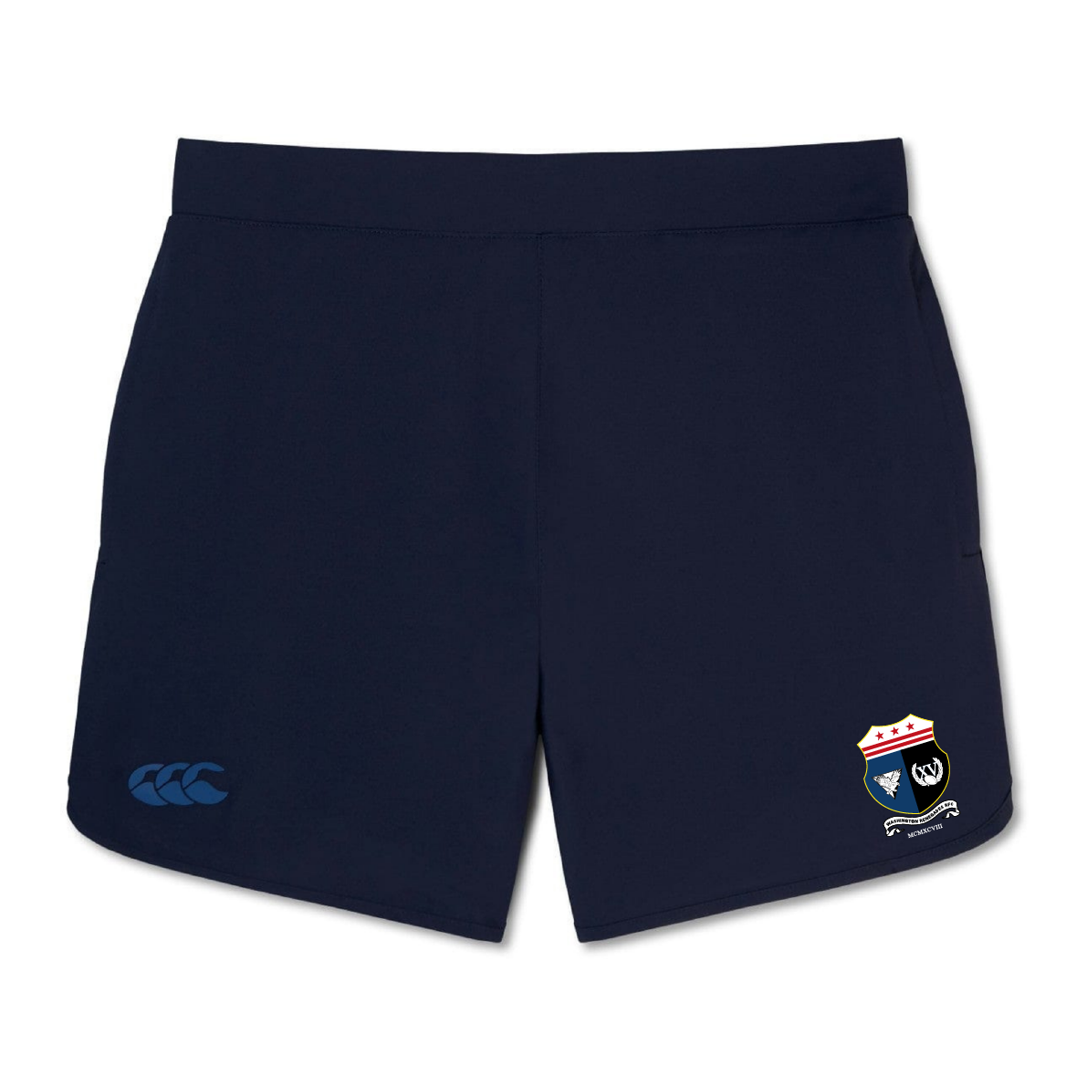 The Washington Renegades Women's Elite Woven Short by Canterbury from EMB Canterbury is designed for durability and offers lightweight comfort. These navy blue gym shorts feature embroidered logos on the lower left and right sides.