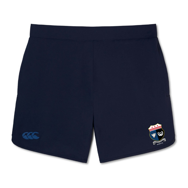 The Washington Renegades Women's Elite Woven Short by Canterbury from EMB Canterbury is designed for durability and offers lightweight comfort. These navy blue gym shorts feature embroidered logos on the lower left and right sides.