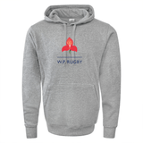 The Western Province 60/40 Pullover Hoodie by WRS Augusta is a gray hoodie with a kangaroo pocket and hood, ideal for rugby enthusiasts. It showcases a red flower logo and "W.P. RUGBY" text on the front.