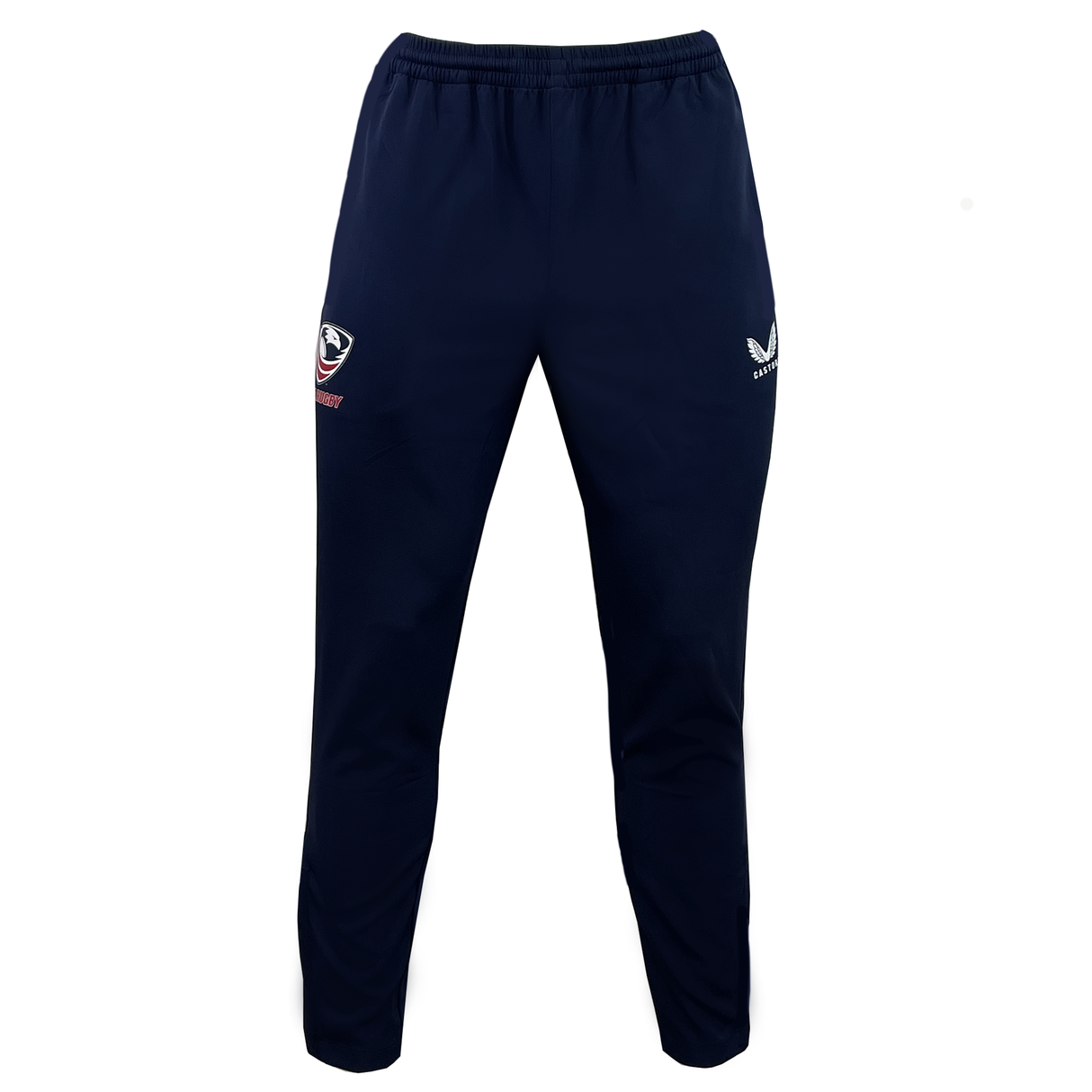 These navy blue women's USA Rugby track pants by Castore feature embroidered logos on the front, ideal for rugby fans.