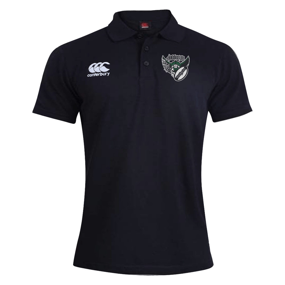 Navy blue breathable Chicago Valkyries Club Dry polo shirt by EMB Canterbury with a Canterbury logo on the right chest and a sports team emblem on the left chest, displayed against a white background.