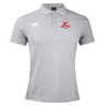 The Alabama Rugby Alliance Waimak Polo by EMB Canterbury is a gray rugby polo shirt adorned with a striking red logo on the chest and a white logo on the shoulder. It is crafted from a comfortable cotton polyester blend.