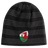 The Wales Shield Beanie by EMB Canterbury is a black and gray striped beanie showcasing a fierce red dragon emblem on a classic white and green shield.