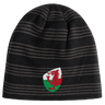 The Wales Shield Beanie by EMB Canterbury is a black and gray striped beanie showcasing a fierce red dragon emblem on a classic white and green shield.