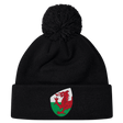 The EMB Canterbury Wales Shield Pom Pom Beanie is a stylish black beanie with a striking patch featuring a red dragon against a green and white backdrop, reminiscent of the Wales Shield.