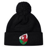 The EMB Canterbury Wales Shield Pom Pom Beanie is a stylish black beanie with a striking patch featuring a red dragon against a green and white backdrop, reminiscent of the Wales Shield.