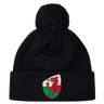 The EMB Canterbury Wales Shield Pom Pom Beanie is a stylish black beanie with a striking patch featuring a red dragon against a green and white backdrop, reminiscent of the Wales Shield.