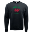 A black Nations of Rugby Wales Rugby Fleece Crewneck Sweatshirt with the words "Wales Rugby" on it, perfect for rugby enthusiasts. Brand: WRS Augusta