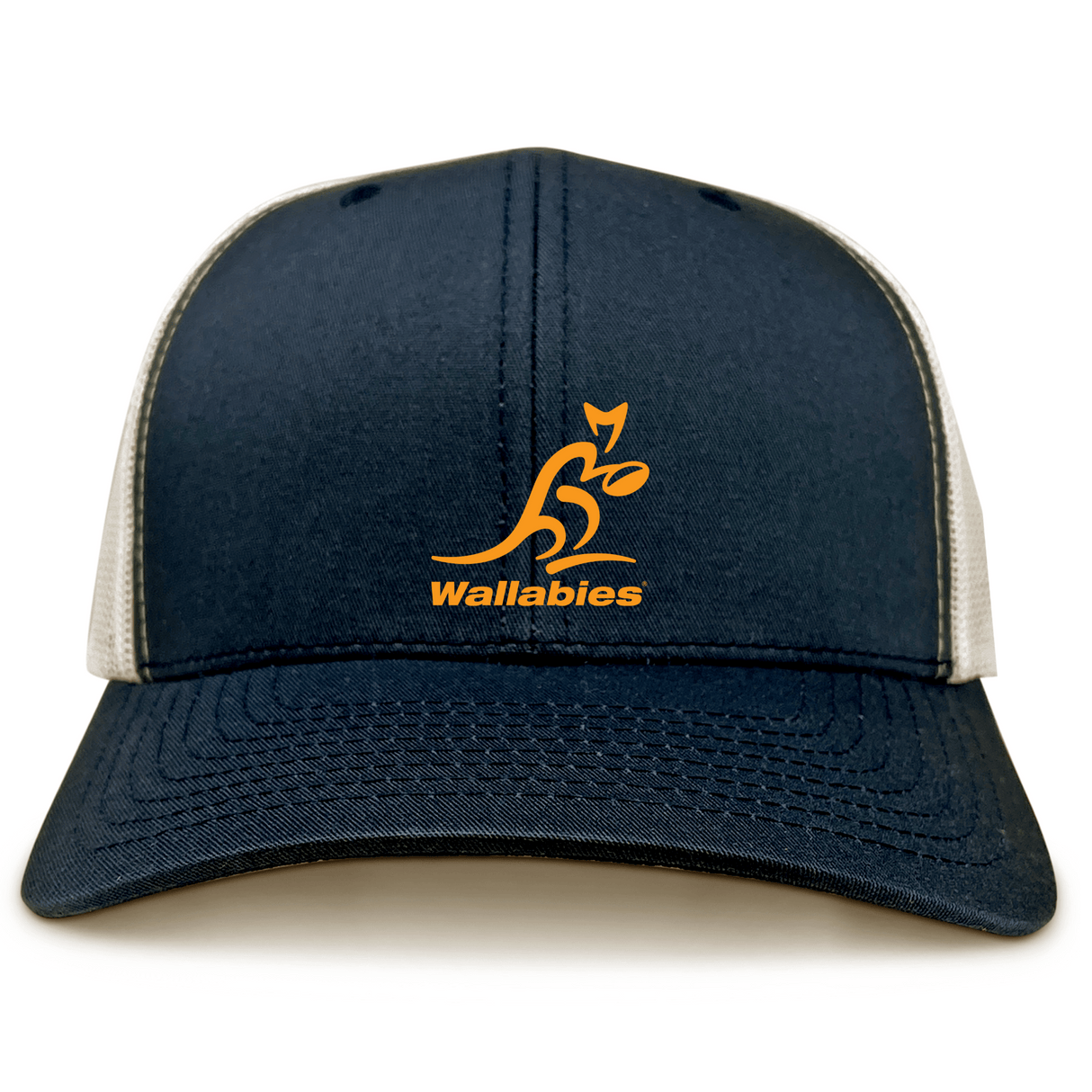 The Wallabies Retro Trucker Cap by EMB Alpha Broder comes in dark blue and white, showcasing an orange kangaroo logo and the word "Wallabies" in orange on the front. It also features a convenient snapback closure, making it perfect for fans of Australia's rugby team.