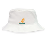 The Wallabies Rugby Crusher Bucket Hat by EMB Alpha Broder is a white, cotton twill hat featuring the iconic Wallabies logo with a yellow kangaroo and green text, making it perfect for sun protection.