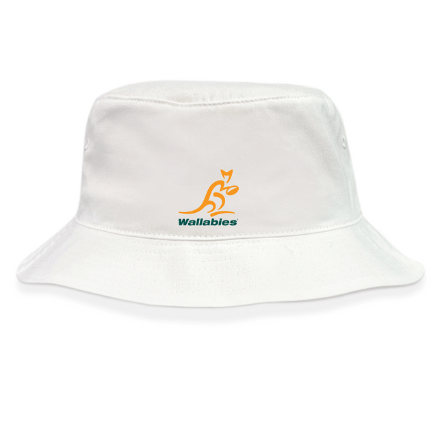 The Wallabies Rugby Crusher Bucket Hat by EMB Alpha Broder is a white, cotton twill hat featuring the iconic Wallabies logo with a yellow kangaroo and green text, making it perfect for sun protection.