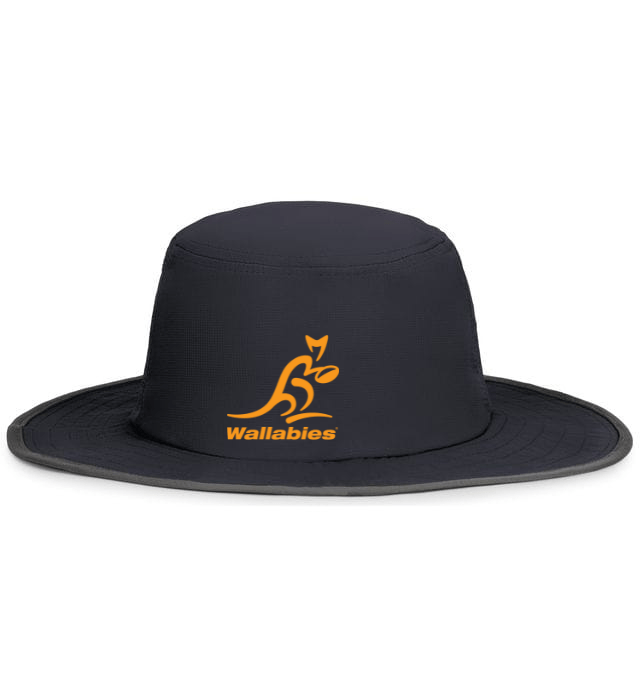 Black perforated Wallabies Rugby Legend Boonie Hat with the EMB Augusta logo embroidered on the front.