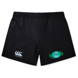 Black Rugby Oklahoma women's Yokohama shorts with a white EMB Canterbury logo on the left leg and a green and blue "Rugby World Cup Ireland" emblem on the right leg.