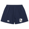 Navy blue EMB Canterbury rugby shorts with a CCC logo on the left leg and a shield emblem on the right leg, displayed flat on a white background.