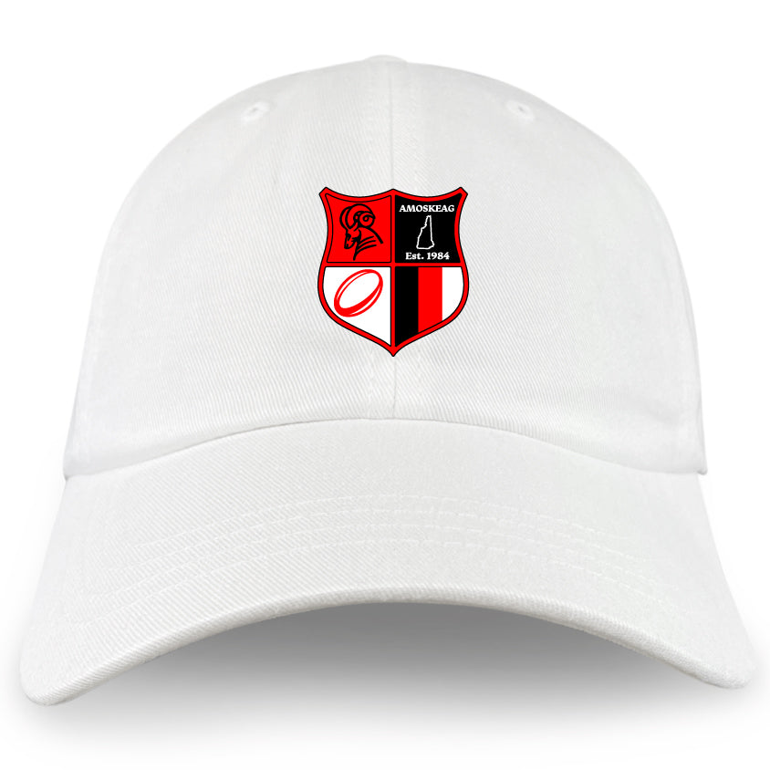 The Amoskeag Rugby Club Adult Low-Profile Cotton Twill Dad Cap by EMB Alpha Broder features a red and black shield logo with symbols and "Amoskeag Est. 1984," crafted from durable cotton twill for casual outings, with stylish embroidered team branding that adds heritage appeal.