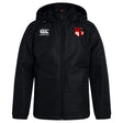 The Amoskeag Rugby Club VapoShield Full Zip Rain Jacket by EMB Canterbury features a hood, black color, and logos on both chests. It's designed with VapoShield technology for style and water resistance, ideal for unpredictable weather conditions.