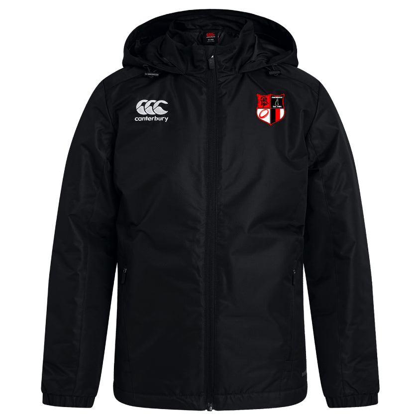 The Amoskeag Rugby Club VapoShield Full Zip Rain Jacket by EMB Canterbury features a hood, black color, and logos on both chests. It's designed with VapoShield technology for style and water resistance, ideal for unpredictable weather conditions.