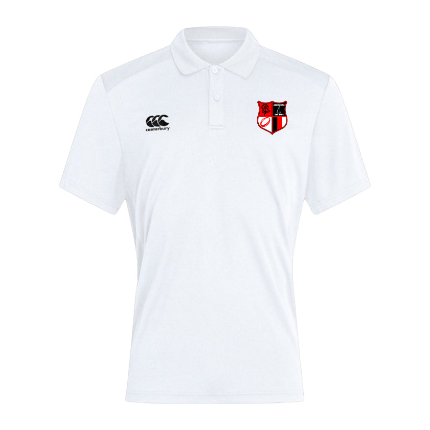 The Amoskeag Rugby Club Dry Polo by EMB Canterbury is a white short-sleeve shirt with a black and red embroidered emblem on the left chest, a small logo on the right, and features Vapodri Technology for quick-drying comfort throughout the day.