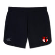 The Amoskeag Rugby Club Elite Woven Short by EMB Canterbury: These black gym shorts feature a logo with a red and black shield on the right side, perfect for enhancing your training experience.