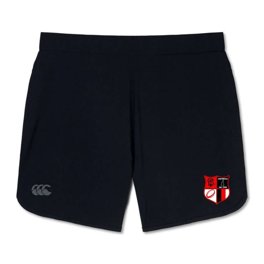 The Amoskeag Rugby Club Elite Woven Short by EMB Canterbury: These black gym shorts feature a logo with a red and black shield on the right side, perfect for enhancing your training experience.