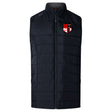 The Amoskeag Rugby Club Elite Microlite Gilet by EMB Canterbury features a black quilted design, high collar, and insulated baffles. It's stylishly accented with a red and white embroidered logo on the chest.