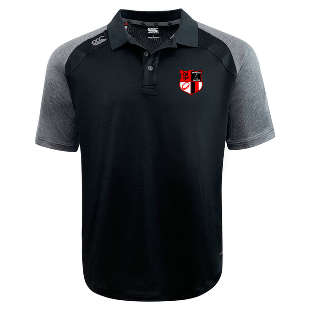 The Amoskeag Rugby Club Elite Polo by EMB Canterbury is a lightweight, durable black and gray short-sleeved shirt with a chest logo featuring a shield, red rose, book, and oval emblem. Crafted with Vapodri fabrics for enhanced comfort.