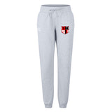 The Amoskeag Rugby Club Women's Leisure Sweatpant by EMB Canterbury features a drawstring, gray organic cotton material, and a red and black embroidered crest on the left side, ideal for women's leisure or rugby training.