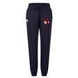 The Amoskeag Rugby Club Women's Leisure Sweatpant by EMB Canterbury is navy blue, made from organic cotton, and features elastic cuffs and waistband. It has a white logo on the left thigh and a red, black, and white crest on the right thigh, ideal for stylish rugby training.