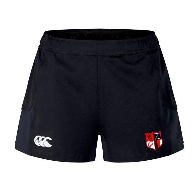 The Amoskeag Rugby Club Women's Advantage Short 2.0 by EMB Canterbury, in sleek black, balances performance and sustainability with recycled materials. Featuring logos: a shield emblem on the right leg and a stylized logo on the left for an eco-conscious touch.