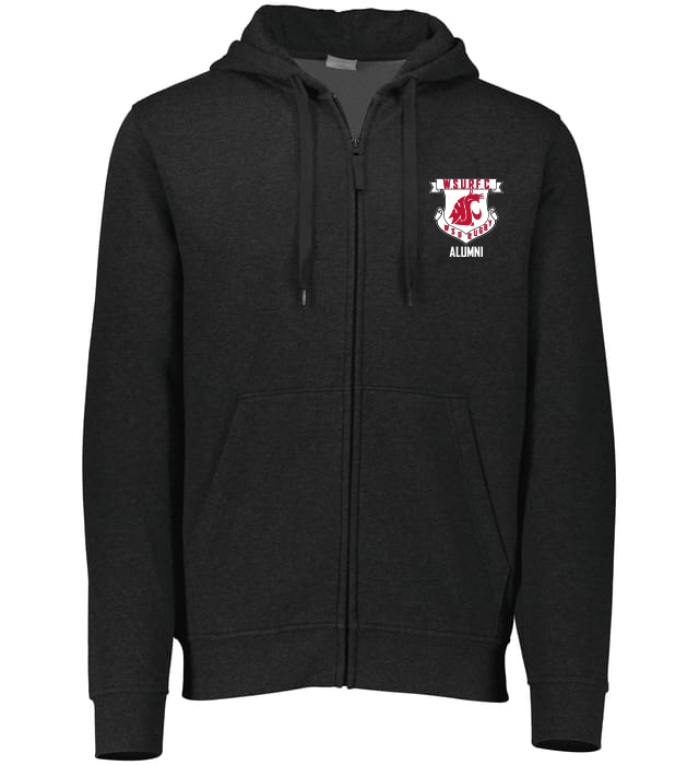 a WRS Augusta Washington State Rugby Alumni Fleece Full Zip Hoodie with a red logo on it.