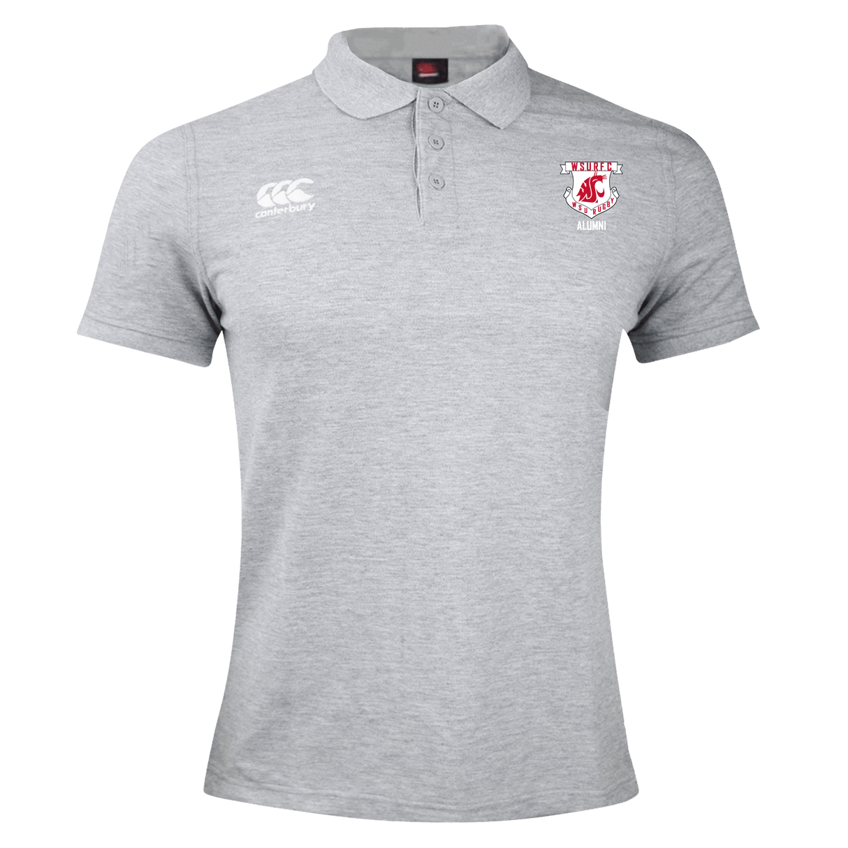 a Washington State Rugby Alumni Canterbury Waimak Rugby Polo with a red and white crest.