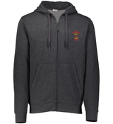 A WRS Augusta Rhode Island Rugby Club Fleece Full Zip Hoodie with a red and white crest on it.