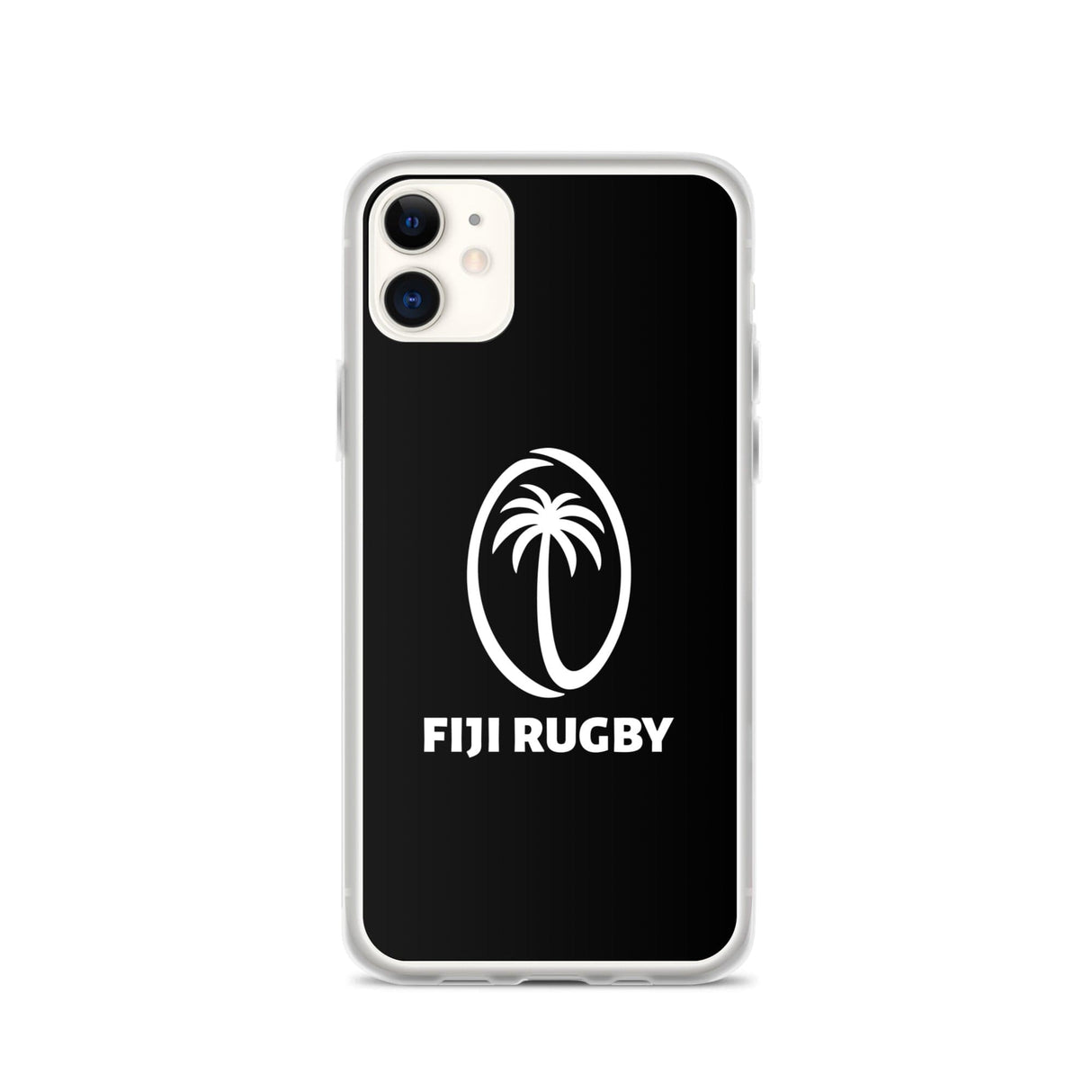 The PF LIC Fiji Case for iPhone® is a protective phone case with a black background displaying the "Fiji Rugby" logo in white, featuring a stylized palm tree. It is also compatible with wireless charging.