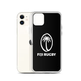 Two smartphones are placed back to back. The front phone, an iPhone SE, has a plain white case; the rear one sports the PF LIC Fiji Case for iPhone® in black with a white palm tree logo and the text "Fiji Rugby." Both cases are wireless charging compatible.